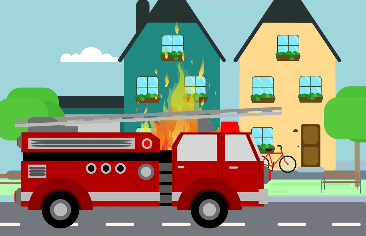 Cartoon firetruck in front of burning home
