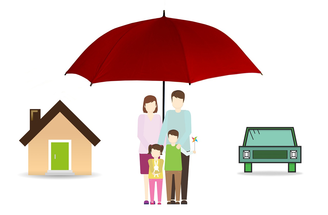 Family with car, home, under umbrella