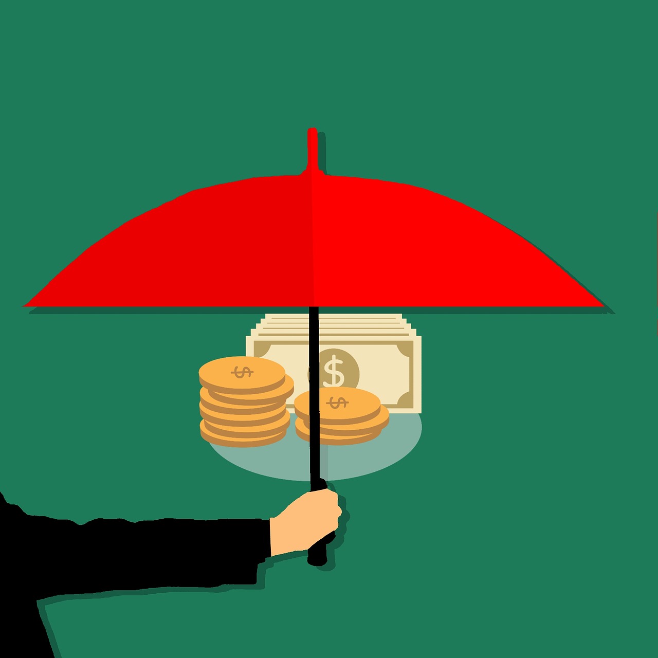 Red umbrella covering coins and paper money