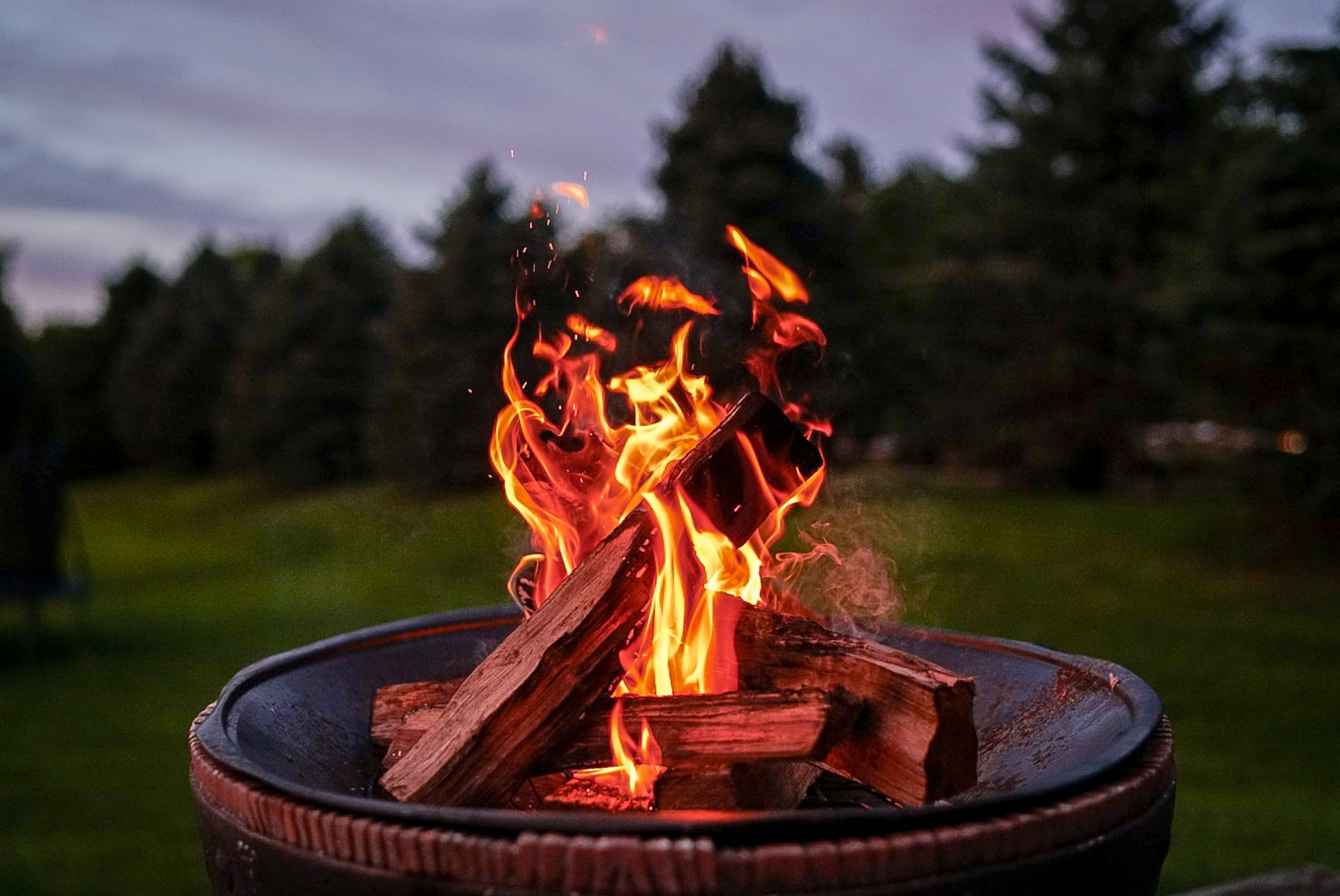 Fire pit burning, with trees in background